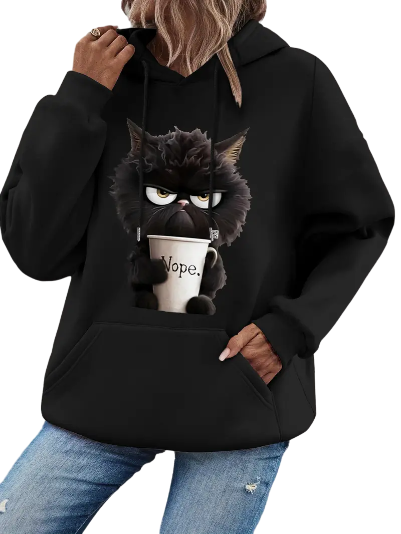 Cat Print Long Sleeve Hoodie, Drawstring Casual Hooded Sweatshirt, Women's Clothing