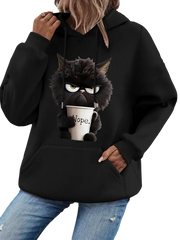 Cat Print Long Sleeve Hoodie, Drawstring Casual Hooded Sweatshirt, Women's Clothing