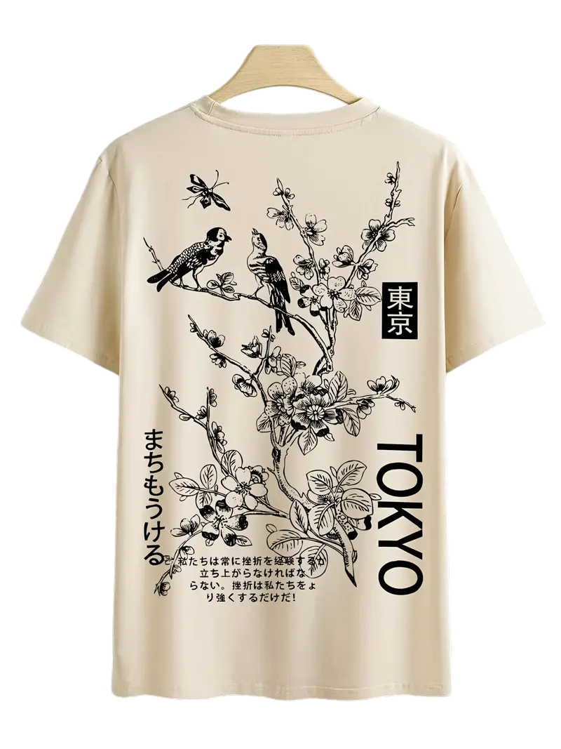 Men's Casual Floral & Bird Print T-Shirt - Breathable Polyester, Crew Neck, Short Sleeve - Perfect for Summer