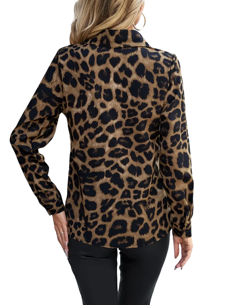 Trendy Leopard Print Polo Collar Shirt - Button-Down Long Sleeve for Chic Spring & Fall Style - Womens Fashion Clothing