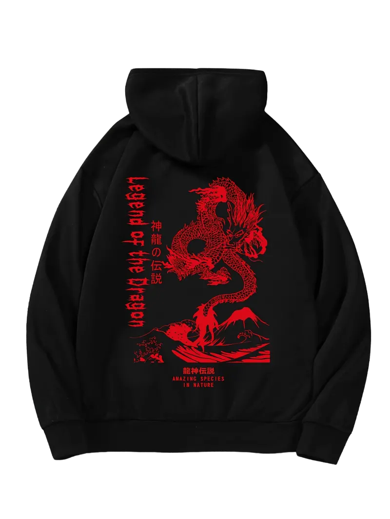 Dragon Print, Men's Casual Hoodie, Drawstring Pocket Hoodie