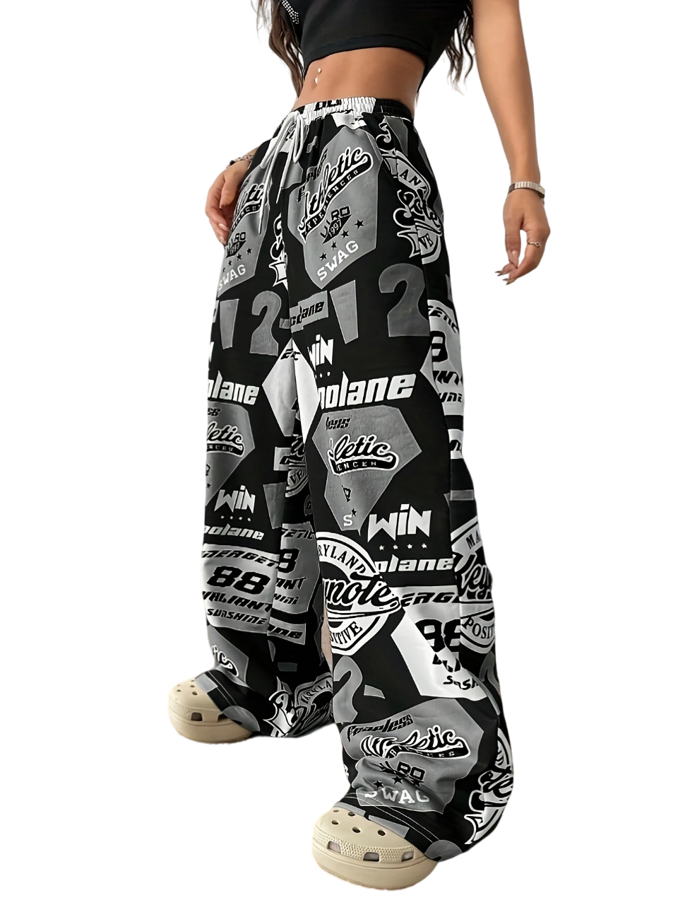 Y2K Style Women's Plus-Size Knit Sweatpants, Polyester Athletic Print Pants