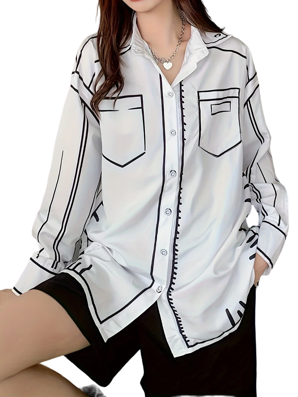 Contrast Trim Button Front Shirt, Casual Long Sleeve Shirt, Women's Clothing