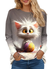 Women's Casual Long Sleeve T-Shirt with Cute Cartoon Cat Design - Soft Polyester & Spandex Blend, Machine Washable, Round Neck