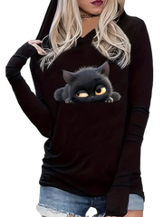 Whimsical Feline Print Long Sleeve Hoodie for Women - Soft Stretchy Polyester Blend, Washable, Comfortable Wear