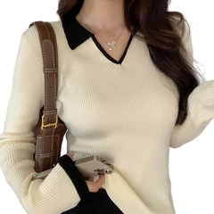 Contrast Trim Ribbed Collared Sweater, Elegant Long Sleeve Sweater, Women's Clothing