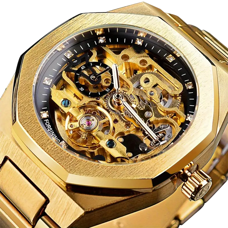 Automatic Mechanical Watch with Hollow Design - Luxury Rhinestone-Encrusted, Stainless Steel Band