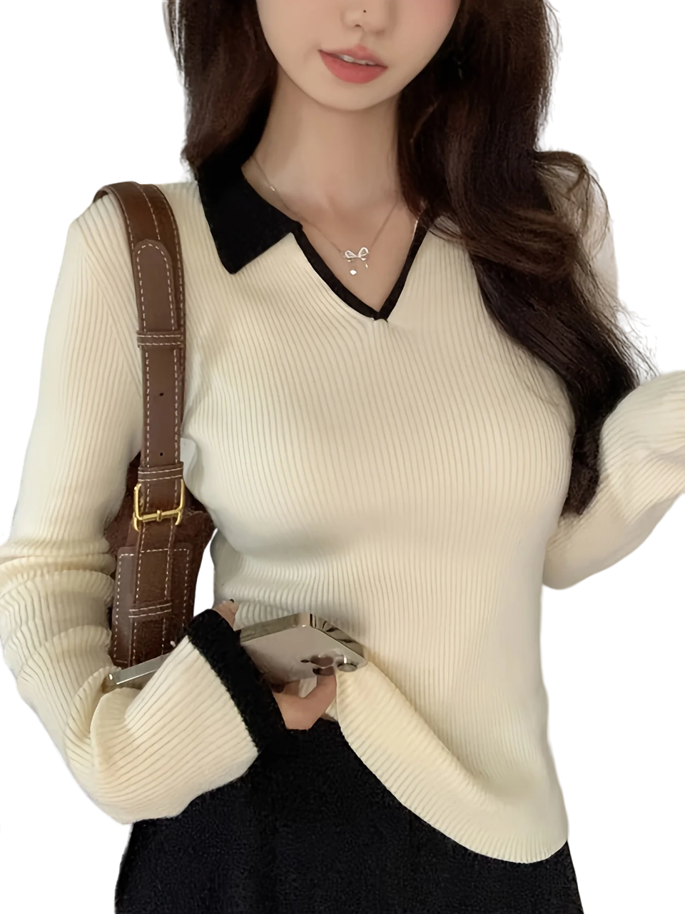 Contrast Trim Ribbed Collared Sweater, Elegant Long Sleeve Sweater, Women's Clothing