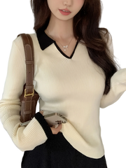 Contrast Trim Ribbed Collared Sweater, Elegant Long Sleeve Sweater, Women's Clothing