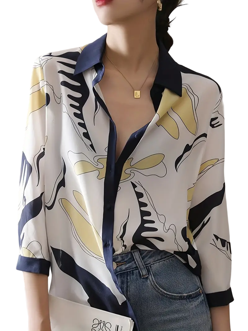 Abstract Print Color Block Blouse, Elegant Single Breasted Loose Blouse For Spring & Fall, Women's Clothing