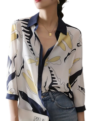 Abstract Print Color Block Blouse, Elegant Single Breasted Loose Blouse For Spring & Fall, Women's Clothing