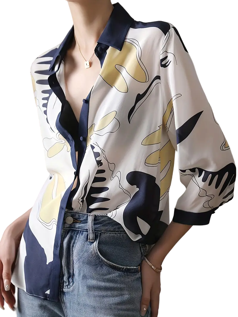 Abstract Print Color Block Blouse, Elegant Single Breasted Loose Blouse For Spring & Fall, Women's Clothing