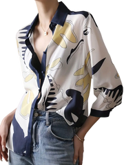 Abstract Print Color Block Blouse, Elegant Single Breasted Loose Blouse For Spring & Fall, Women's Clothing